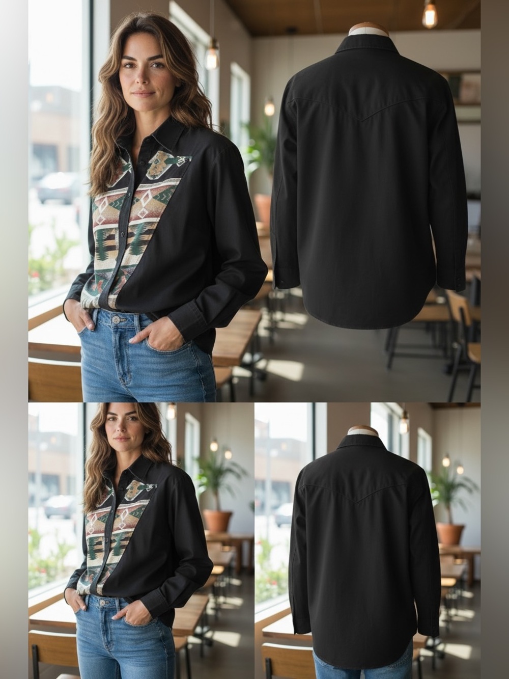 Black Button-Down Shirt with Southwestern Print Panel
